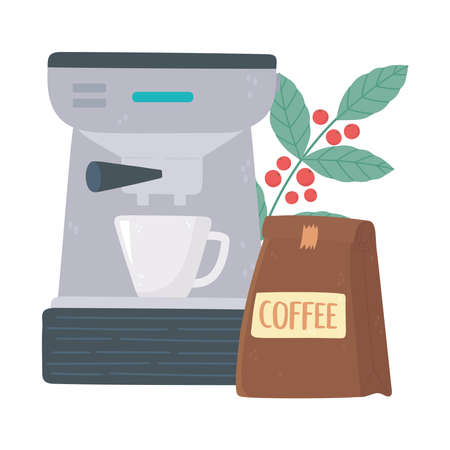 international day of coffee, machine package cup and branch with seeds vector illustrationのイラスト素材