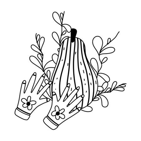 happy garden, pumpkin gloves plants isolated line icon style vector illustrationのイラスト素材