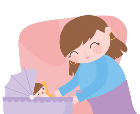 pregnancy and maternity, cute mom with her baby in the pram vector illustrationのイラスト素材