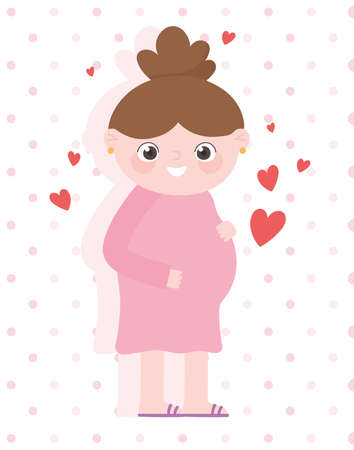 pregnancy and maternity, cute pregnant woman with hearts love cartoon vector illustrationのイラスト素材