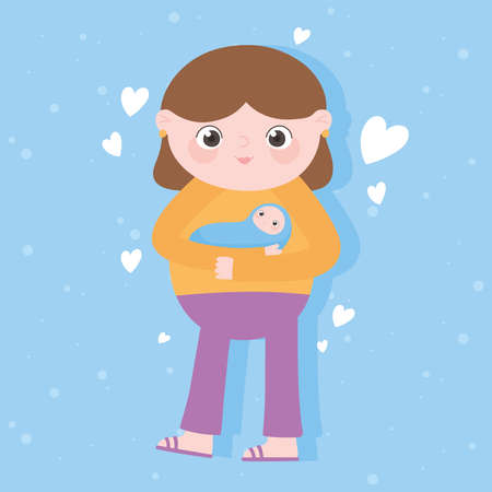pregnancy and maternity, cute mom carrying baby cartoon vector illustrationのイラスト素材
