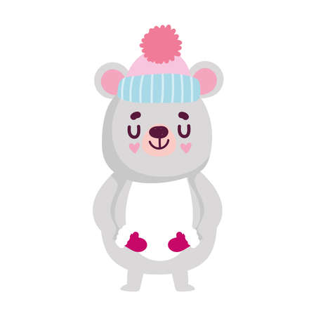 merry christmas, cute bear with hat and mittens cartoon, isolated design vector illustrationのイラスト素材