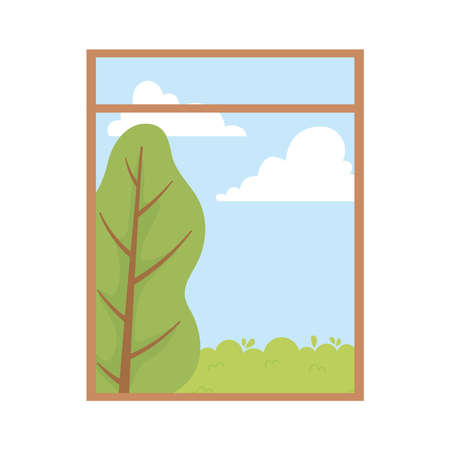 viewed window landscape tree grass sky isolated design white background vector illustrationのイラスト素材