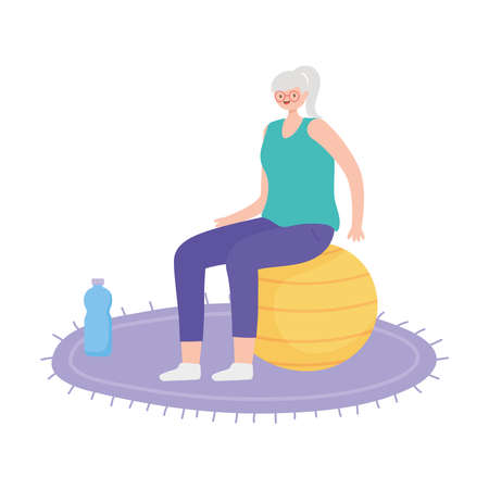 activity seniors, old woman sitting on fitness ball with water bottle vector illustrationのイラスト素材