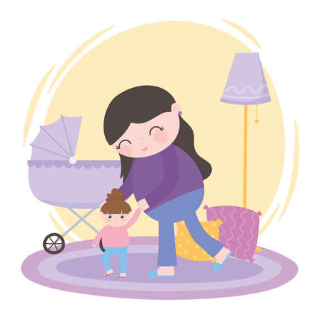 pregnancy and maternity, mom walking with her little daughter and pram vector illustrationのイラスト素材