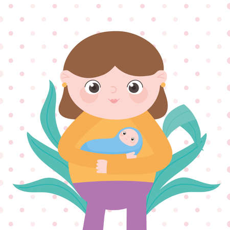 pregnancy and maternity, cute mom carrying a her baby cartoon vector illustrationのイラスト素材