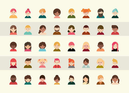 people diverse faces of different ethnicity flat icons set vector illustrationのイラスト素材