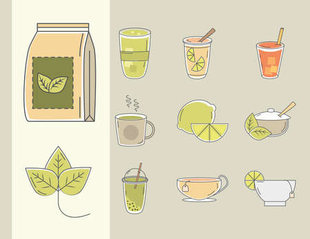 tea icons, contains such as cup of tea, lime, sugar and leaf line and fill vector illustrationのイラスト素材