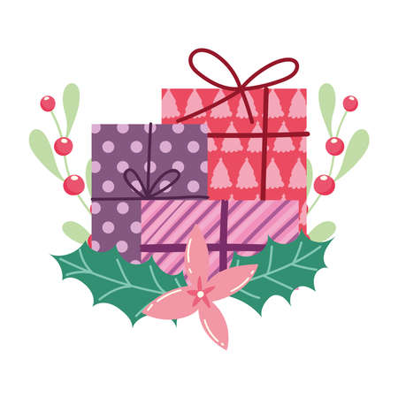 merry christmas, gift boxes flower holly berry cartoon, isolated design vector illustrationのイラスト素材