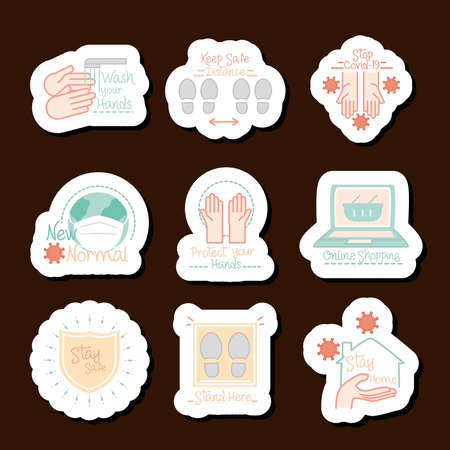 new normal, lifestyle icons set sticker after coronavirus, hand made style flat vector illustrationのイラスト素材