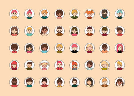 people diverse faces of different ethnicity, round line icons set vector illustrationのイラスト素材