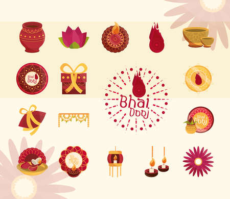 happy bhai dooj, celebration prosperity and greeting, icons set vector illustrationのイラスト素材