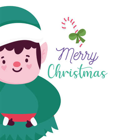 merry christmas, cute elf character card for greeting vector illustration