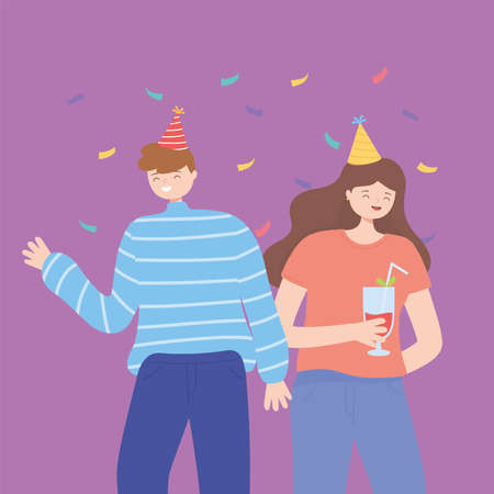 man and woman with party hats and cocktail clebration vector illustrationのイラスト素材