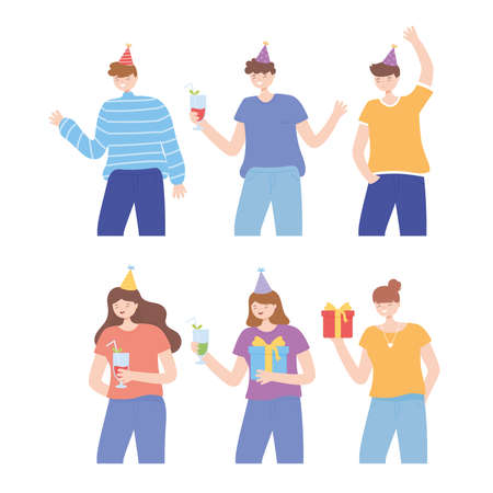 young people with hats gifts and dinks clebrating party vector illustrationのイラスト素材