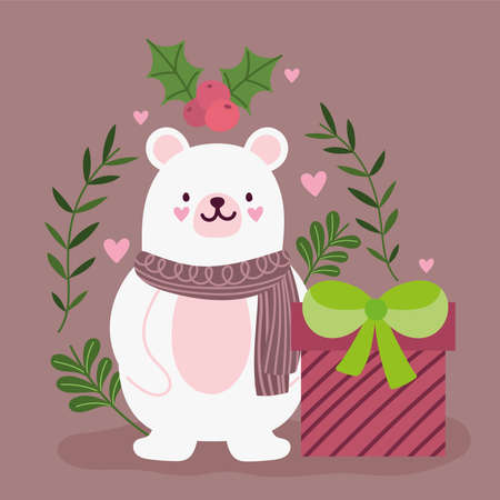 merry christmas, cute bear with scarf and gift box and floral decoration card for greeting vector illustrationのイラスト素材