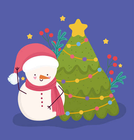 merry christmas, snowman with tree and holly berry card for greeting vector illustrationのイラスト素材