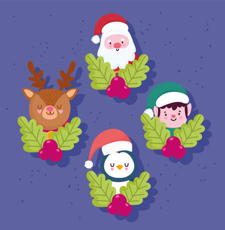 merry christmas, cute santa deer helper penguin with holly berry decoration vector illustrationのイラスト素材