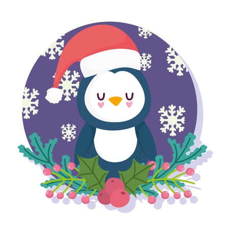 merry christmas, cute penguin with hat floral holly berry and snowflakes card vector illustrationのイラスト素材