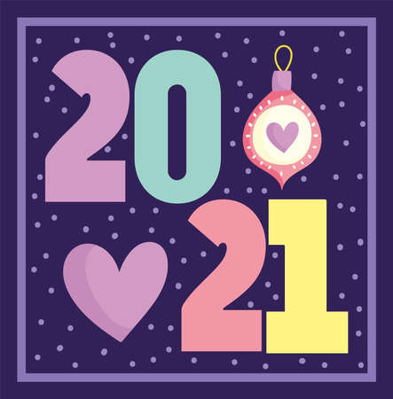 2021 happy new year, date numbers with ball and heart card vector illustrationのイラスト素材
