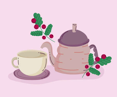 coffee brewing methods, kettle cup and branch with seeds vector illustrationのイラスト素材