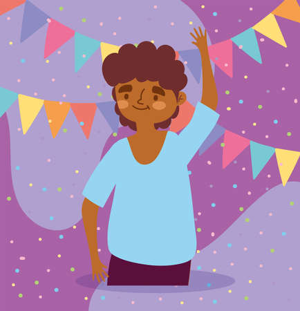 young man happy cartoon celebrating with pennants decoration vector illustrationのイラスト素材