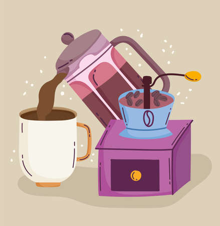 coffee brewing methods, kettle pouring in cup and grinder manual vector illustrationのイラスト素材