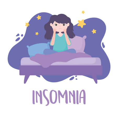 insomnia, sleepless girl on bed with eye bags vector illustrationのイラスト素材