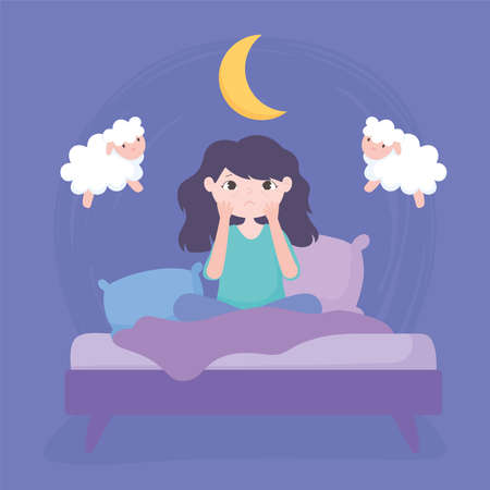 insomnia, girl with eyes bag sitting in the bed vector illustrationのイラスト素材