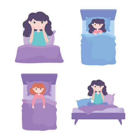 insomnia, different character in bed sleepless cartoon vector illustrationのイラスト素材