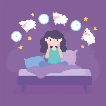 insomnia, worried girl in the bed counting sheeps vector illustrationのイラスト素材
