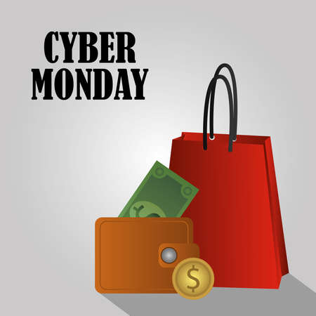 cyber monday, shopping bag wallet money bills and coin vector illustrationのイラスト素材