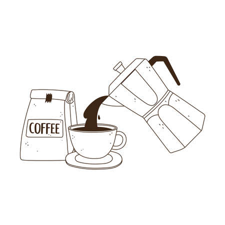 international day of coffee, kettle pouring on cup and package product vector illustration line styleのイラスト素材