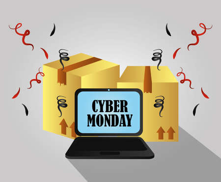 cyber monday, laptop with delivery cardboard boxes vector illustrationのイラスト素材