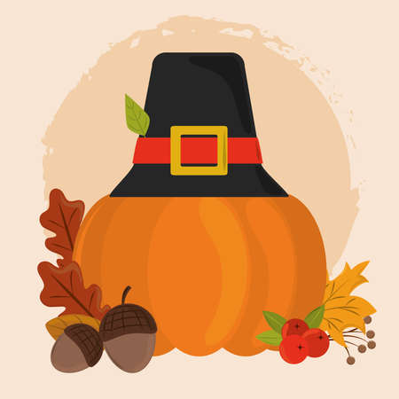 happy thanksgiving day, pumpkin with pilgrim hat acorns and leaves season vector illustrationのイラスト素材