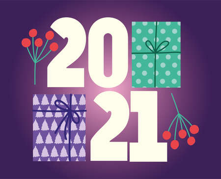 2021 happy new year, gift boxes and holly berry vector illustrationのイラスト素材
