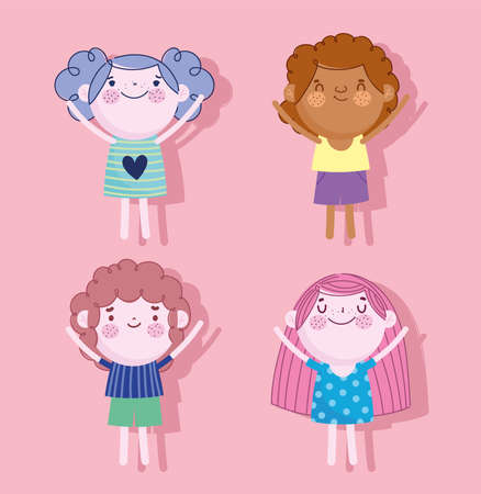 happy girls and boys characters cartoon vector illustrationのイラスト素材