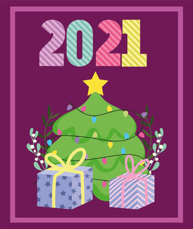 2021 happy new year, decorative tree and gift boxes card vector illustrationのイラスト素材