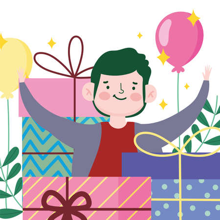 happy boy gift boxes balloons party celebrating cartoon vector illustrationのイラスト素材