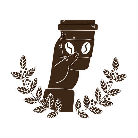 international day of coffee, hand holding disposable cup branches seeds emblem vector illustration silhouette icon styleのイラスト素材