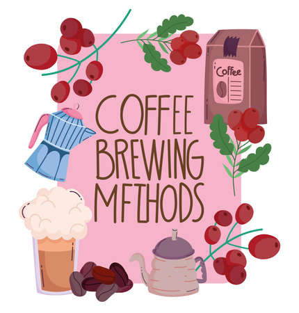 coffee brewing methods, greeting card kettle frappe pack and grains vector illustrationのイラスト素材