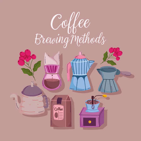 coffee brewing methods, moka pot kettle package grinder maker card vector illustrationのイラスト素材