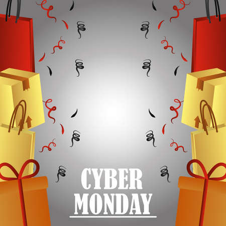 cyber monday, delivery cardboard boxes gifts and confetti celebration vector illustrationのイラスト素材