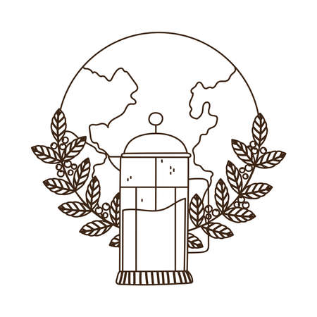 coffee brewing methods, french press world branches with seeds vector illustration line styleのイラスト素材
