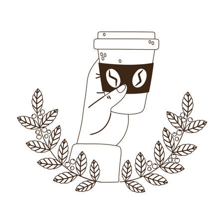 international day of coffee, hand holding disposable cup branches seeds emblem vector illustration line styleのイラスト素材