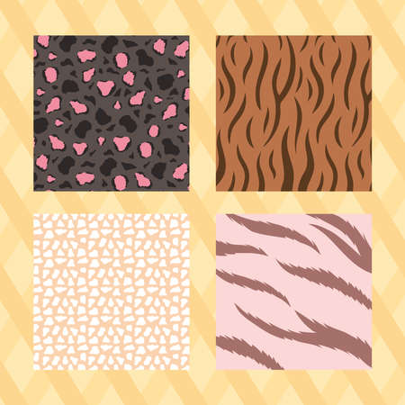set of seamless animal skin textures, striped yellow background vector illustration
