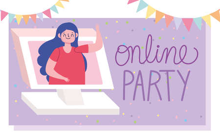 online party, girl website in video celebration event vector illustrationのイラスト素材