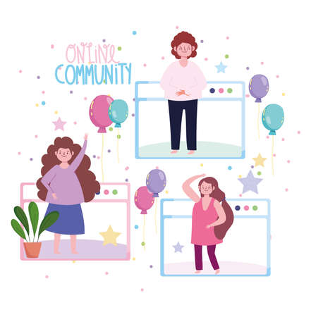 online party, connected people celebrating birthday balloon decoration vector illustrationのイラスト素材