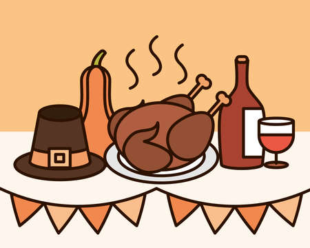 thanksgiving day, dinner tradition in the table with turkey wine and pumpkin vector illustrationのイラスト素材