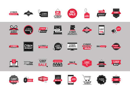 cyber monday, set icons label, banner promotion sale offer season vector illustration
